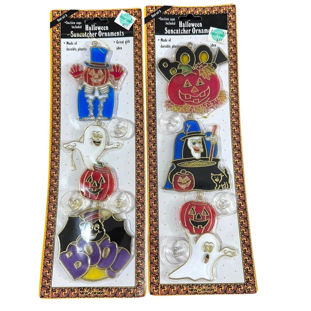 Vintage 2 Sets of 3 NOS Halloween/Fall/Autumn Pumpkin Suncatchers w/Suction Cups